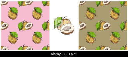 Seamless pattern with tropical fruits. Set in hand draw style. Longan. Color packaging, wrapping and etc Stock Vector