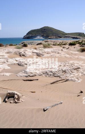 Ensenada y playa de Los Genoveses and Morron de Los Genovese at background. Cabo de Gata-Nijar Natural Park, Almeria province, Andalucia, Spain. Stock Photo