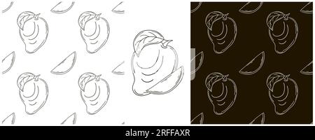 Mango. Seamless pattern for kitchen, restaurant or shop. Set in hand draw style. Monochrome packaging and etc Stock Vector