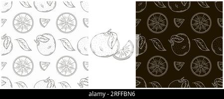 Grapefruit, red orange. Seamless pattern with tropical fruits. Monochrome Set in hand draw style. Can be used for fabric and etc Stock Vector