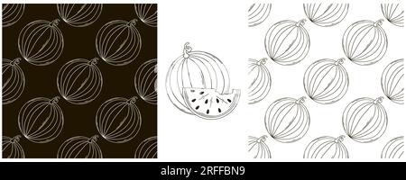 Watermelons. Seamless pattern for kitchen, restaurant or shop. Set in hand draw style. Monochrome packaging and etc Stock Vector
