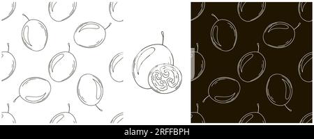 Seamless pattern with tropical fruits. Tamarillo. Set in hand draw style. Monochrome packaging, wrapping and etc Stock Vector