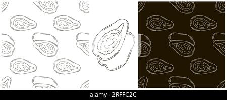 Seamless pattern for kitchen, restaurant or shop. Papaya, melon tree. Monochrome Set in hand draw style Stock Vector