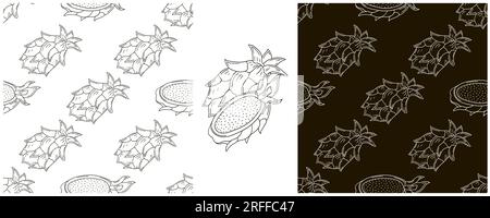 Seamless pattern with tropical fruits. Set in hand draw style. Dragon fruit, pitaya. Monochrome packaging and etc Stock Vector
