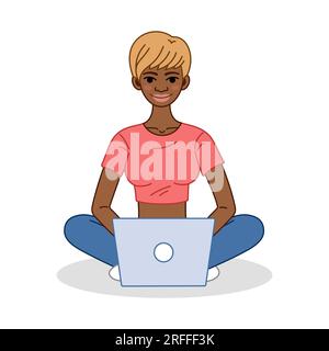 Programmer, tester, web designer girl character cartoon illustration. African American Woman Software developer at computer. Testing, coding, programming concept. Flat vector illustration. Stock Vector