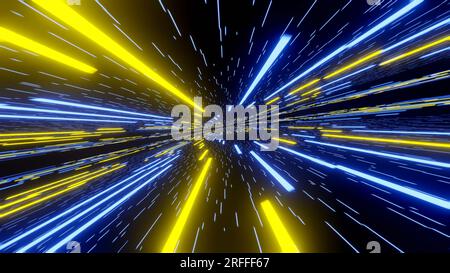 Trek in space at super speeds, motion blur effect. Blue and yellow elements. Energy of space and matter. Visualization 3D rendering. Stock Photo