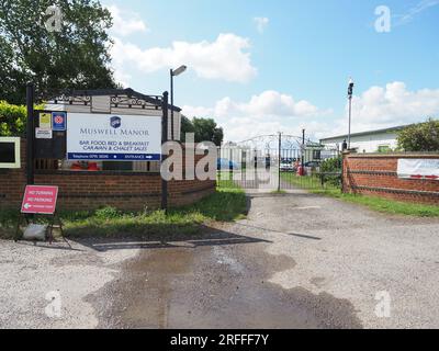 Leysdown, Kent, UK. 3rd Aug, 2023. Muswell Manor (also known as Mussel Manor) in Leysdown, Isle of Sheppey was the world's first aero club and is up for sale with a guide price of £850k for the clubhouse, or £1.8 million if purchased with the small holiday park that surrounds it. It's on the spot where JTC Moore Brabazon recorded the first UK powered flight and was visitied by the Wright Brothers, Short Brothers, CS Rolls and other notable early aviation pioneers. Sheppey is known as cradle of British Aviation. Credit: James Bell/Alamy Live News Stock Photo