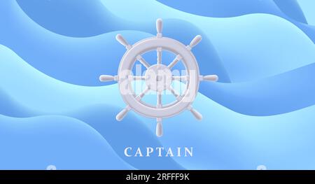 White Sailing steering wheel icon with blue waves fluid background, modern logo design, 3d render style graphics Stock Vector