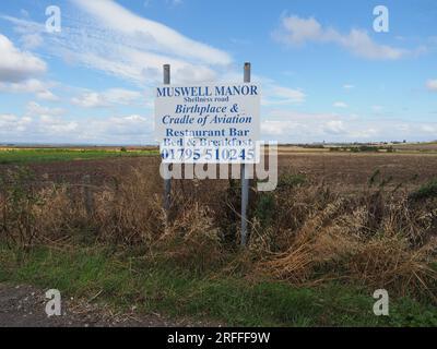 Leysdown, Kent, UK. 3rd Aug, 2023. Muswell Manor (also known as Mussel Manor) in Leysdown, Isle of Sheppey was the world's first aero club and is up for sale with a guide price of £850k for the clubhouse, or £1.8 million if purchased with the small holiday park that surrounds it. It's on the spot where JTC Moore Brabazon recorded the first UK powered flight and was visitied by the Wright Brothers, Short Brothers, CS Rolls and other notable early aviation pioneers. Sheppey is known as cradle of British Aviation. Credit: James Bell/Alamy Live News Stock Photo