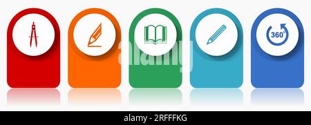 Education icon set, flat design miscellaneous colorful icons such as calippers, pencil, book and 360 degree for webdesign and mobile applications, inf Stock Vector