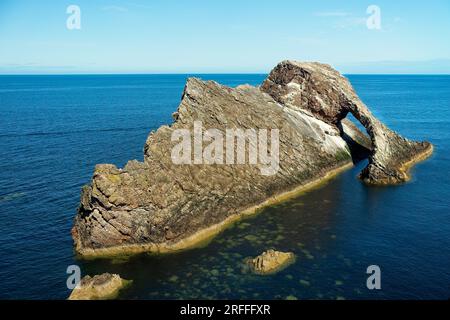 Bow Fiddle Rock near the village of Portnockie in the north east of Scotland Stock Photo