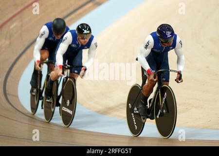 Florian Grengbo (right) of Team France with Rayan Helal and Sebastien Vigier in the Men's Elite Team Sprint Qualifier during day one of the 2023 UCI Cycling World Championships at the Sir Chris Hoy Velodrome, Glasgow. Picture date: Thursday August 3, 2023. Stock Photo