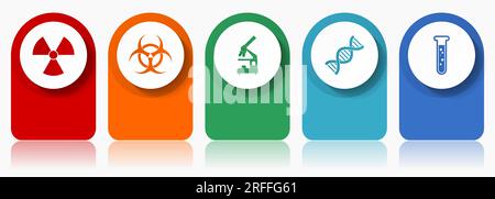 Science icon set, flat design miscellaneous colorful icons such as radiation, biohazard, microscope, dna and test tube for webdesign and mobile applic Stock Vector