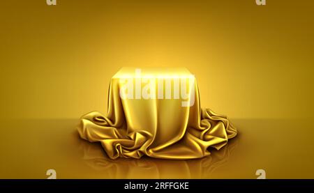 Square podium and gold silk cloth cover background. Golden curtain fabric on hidden mystery cube gift box. Luxury unveil surprise yellow pedestal with drapery textile in studio vector scene concept Stock Vector