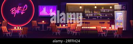 Cartoon night bar interior design. Vector illustration of pub with tables and chairs, cocktail glasses on counter, bottles of alcoholic beverages on shelves, fridge, tv screen and darts on wall Stock Vector