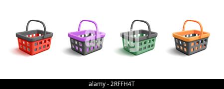 Set of supermarket shopping baskets, 3d render style illustrations in different brand colors, isolated Stock Vector