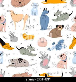 Cute dogs and puppies seamless pattern. Happy pet animals vector doodle background with hand drawn labrador, bulldog, pug and poodle, beagle, terrier, Stock Vector