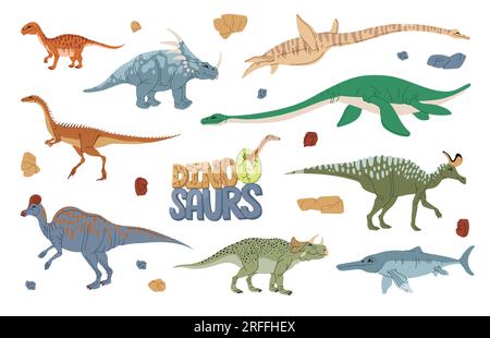 Cartoon dinosaur characters, vector prehistoric animals, dino baby and egg. Cute elaphrosaurus, ichthyosaurus, plesiosaurus and avaceratops, mussaurus Stock Vector