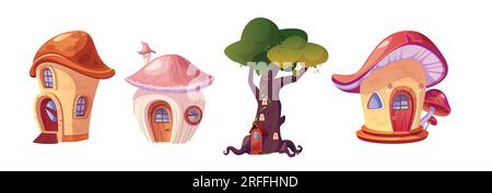 Fantasy fairytale game house building cartoon vector set. Fairy tale mushroom home with door and roof isolated icon collection. Cute village cottage exterior with treehouse tower. Gnome magic hut Stock Vector