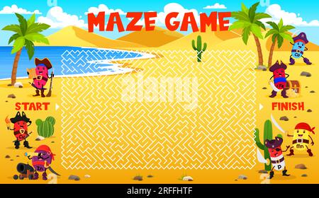 Labyrinth maze game. Cartoon vitamins and micronutrient pirate ...