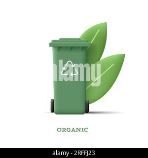 3d illustration of green garbage bin for organic waste with leaves and recycle icon on it, isolated digital icon Stock Vector