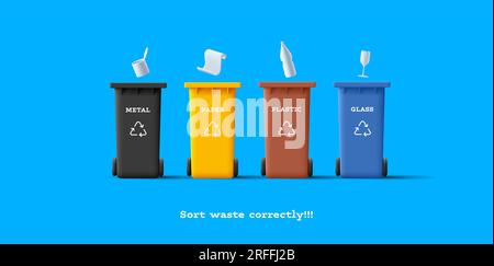 3d vector illustration icon set of recycle garbage bins in different colours with types of recycle materials symbols, infographics elements Stock Vector