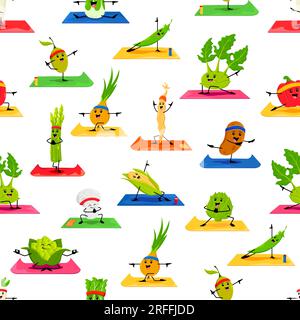 Cartoon vegetable characters on yoga fitness, seamless pattern. Cute veggie food personages doing sport exercises vector background. Funny pepper, cor Stock Vector