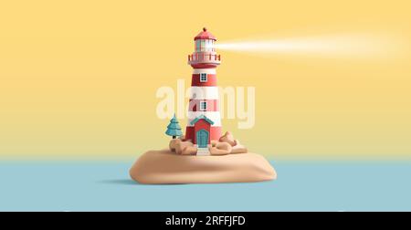 3d render illustration of a lighthouse on an island with beacon shining, red and white with rocks and trees around it, lanscape Stock Vector