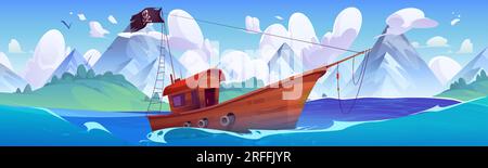 Pirate boat sailing in sea near mountain island. Vector cartoon illustration of wooden yacht with black jolly roger flag and cannons floating on water against scenic landscape, birds flying in sky Stock Vector