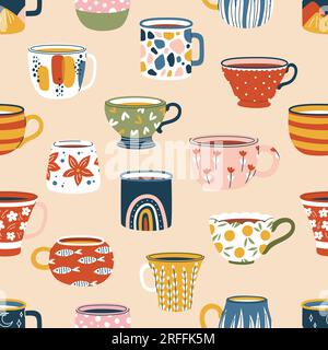 Ceramic coffee cups and tea mugs, kitchen crockery seamless pattern. Vector background of vintage scandinavian pottery with cozy ornaments, hearts, do Stock Vector
