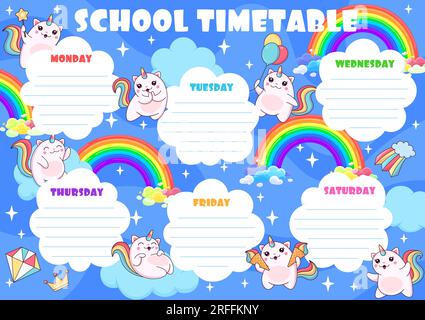 Education timetable schedule. Cartoon caticorn cat and kitten characters on sky clouds. School vector lesson planner template with cute kawaii feline Stock Vector