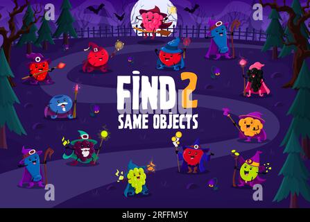 Find two same cartoon Halloween berry wizards at night cemetery. Kids vector game worksheet match the pair for strawberry, blueberry, cranberry and ho Stock Vector