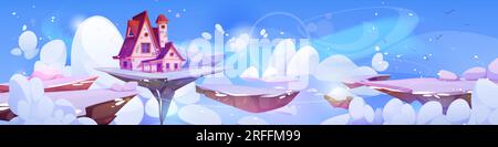 Cozy old house floating on magic winter island in sky. Vector cartoon illustration of fairytale cottage flying on white land covered with ice and snow, snowflakes in blue sky, game level platform Stock Vector