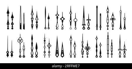 Clock hands, time black pointers, isolated watch arrows. Vector black icons of essential components of analog clocks in various shapes and sizes. Hour Stock Vector