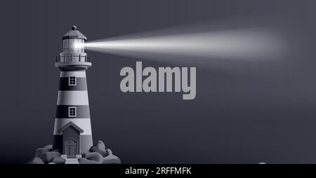 3d render illustration of a lighthouse at night with beacon shining and navigating the route, dawn dark lanscape Stock Vector