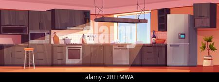 Home kitchen interior with modern furniture and clean tableware. Vector cartoon illustration of large room with brown drawers and cupboards, fridge, oven, dishes in sink, sun shining through window Stock Vector