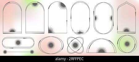 Aesthetic frames and shapes with stars. Minimal y2k outline graphic design with sparkles. Abstract minimalistic arches borders. Trendy boho geometric Stock Vector