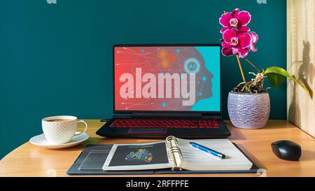 Artificial inteligence technology concept on laptop screen showing AI interactive neural network Stock Photo