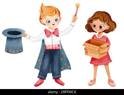 Set of children. Naughty little magician. wizard in tailcoat, with top hat and a magic wand. girl is holding an empty box. Watercolor isolated Stock Photo