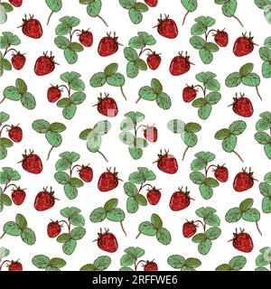 Red berry and green strawberry leaves. Vector seamless pattern with strawberries. Design element for wrapping paper, textiles, covers, clothes. Stock Vector