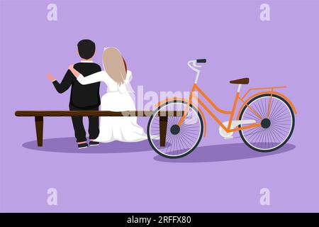 Character flat drawing back view of romantic married couple chatting or talking while sitting on bench. Happy man with suit and woman with wedding dre Stock Photo