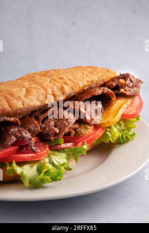 Doner kebab with juicy meat, tomato, pickled cucumber and lettuce in a bun.  On a white plate, on a light background.  Close-up Stock Photo