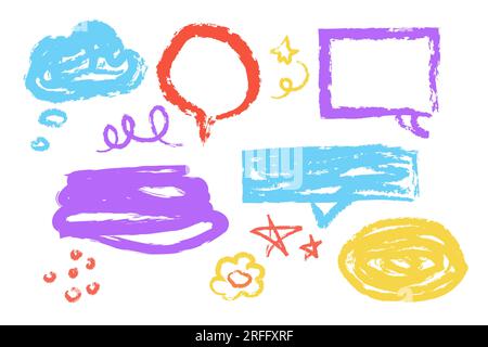 Set wax crayon, chalk doodle elements speech bubbles, lines, stars, marks hand drawn isolated on white background. Textured brush stroke,. Vector illustration Stock Vector
