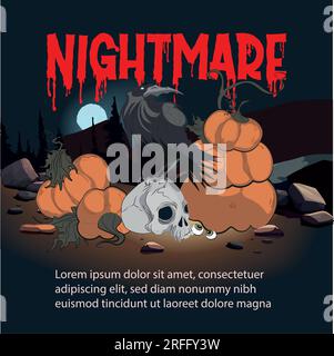 Halloween vertical background with pumpkin, haunted house and full moon. Flyer or invitation template for Halloween party. Vector illustration. Stock Vector