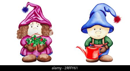 Watercolor gnomes with a basket of berries and a watering can. Hand drawn watercolor drawing of a girl and a boy of gnomes. Botanical strawberry. For Stock Photo