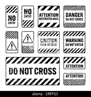 Various black grunge warning signs with diagonal lines. Old attention, danger or caution sign, construction site signage. Realistic notice signboard Stock Vector
