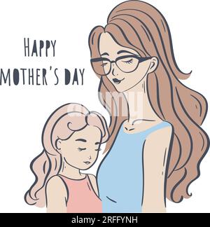 Happy Mother's Day card. Mom and daughter with lettering. Congratulatory banner or brochure for womens day. Motherhood concept, vector illustration Stock Vector