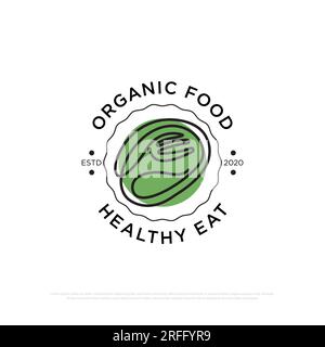 Organic food logo design inspiration, fresh and nature food and beverages restaurant vector illustration with line art style Stock Vector
