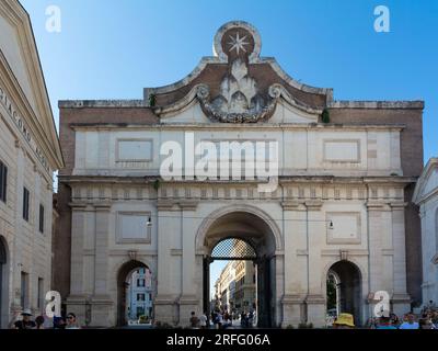 Rome, Lazio, Italy, The Porta del Popolo, or Porta Flaminia , is a city gate in the Aurelian Walls of Rome. Stock Photo