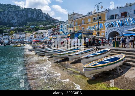 Marina Grande waterfront on the Island of Capri in the Gulf of Naples off the Sorrento Peninsula in the Campania Region of Italy Stock Photo